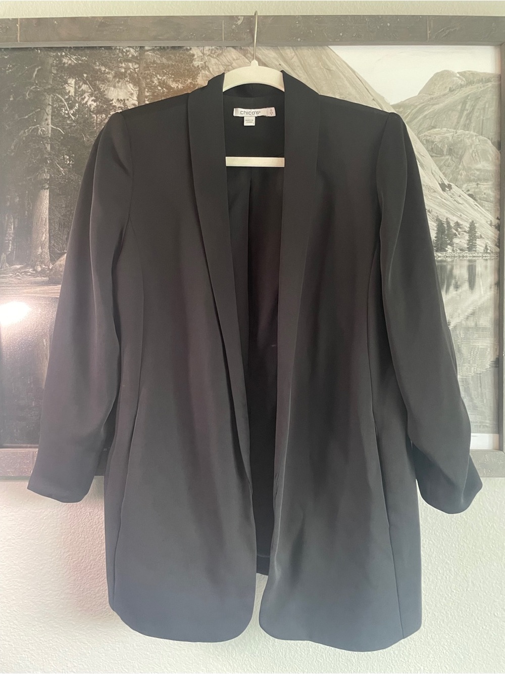 Chico's Women's Black Open-Front Longline Blazer with Ruched Sleeves